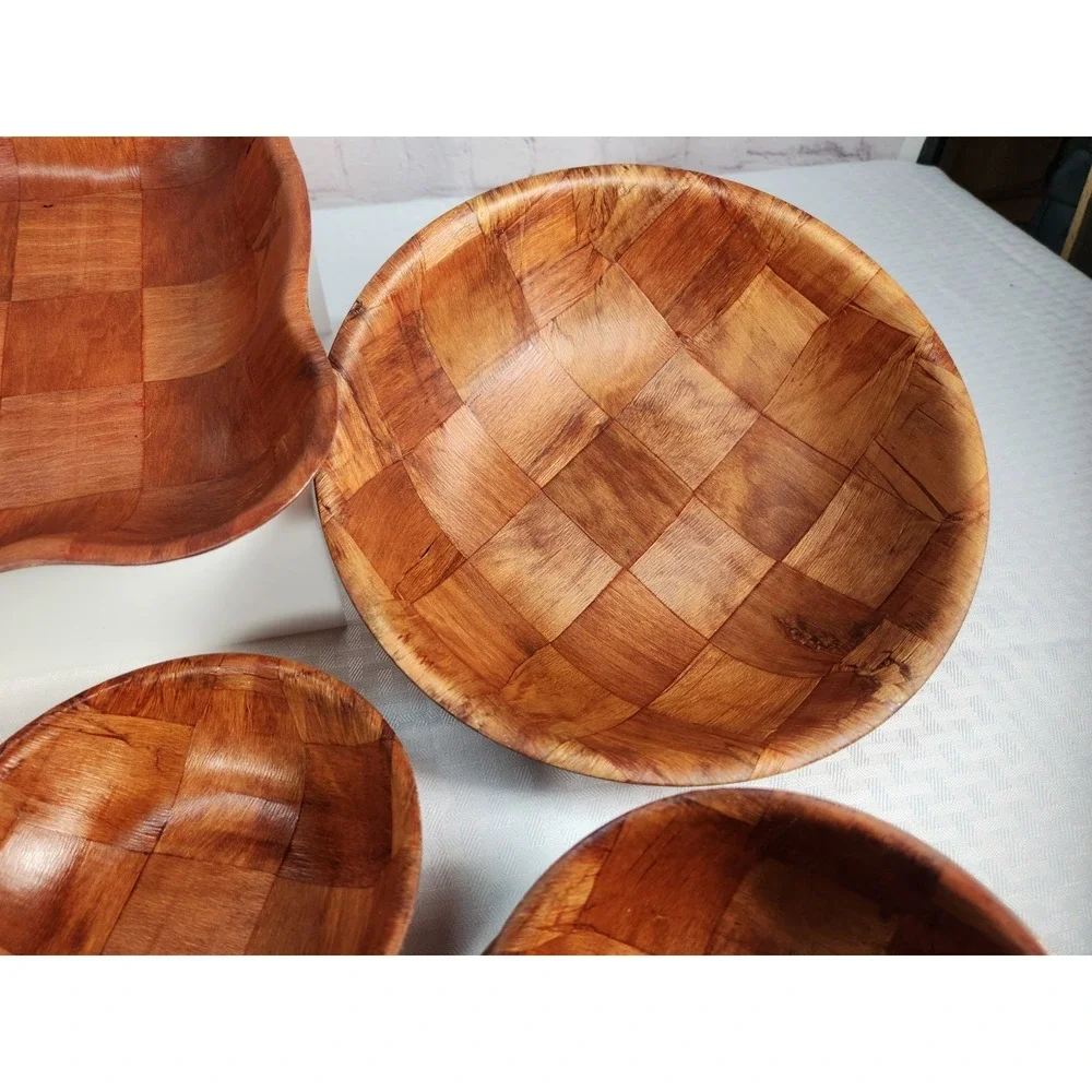 Vintage Pressed / Woven Wood Bowl Set 13 Pc Bamboo  MCM Salad & Serving Bowls